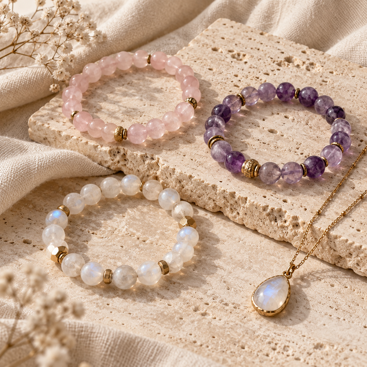 Bracelets et pendentif en pierres naturelles
